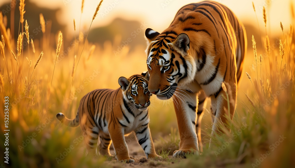 Obraz premium Majestic Tiger and Cub Walking in Golden Grassy Field During Sunset, Serene Wildlife Scene