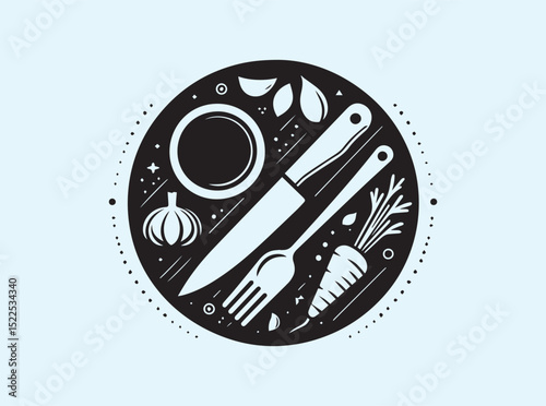 Solid Silhouette of Cutting Board with Knife and Produce