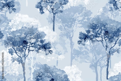 A pattern of stylized trees in various shades of blue and white, overlapping and layered to create a dense, forest-like impression.