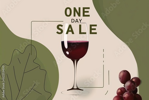A stylized graphic of a wine glass filled with red wine, grapes, and foliage elements announcing a 