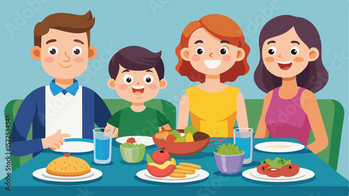 Cheerful Cartoon Family Enjoying a Meal Together at a Blue Table with Food