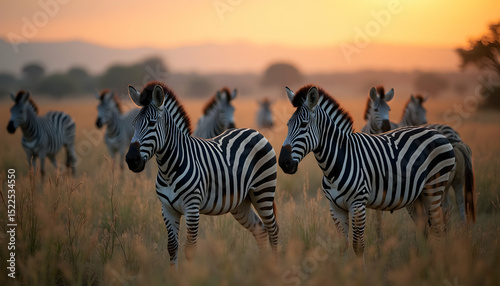 Majestic zebras graze serenely at sunset in the African savanna landscape