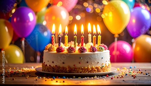 Birthday Cake with Colorful Balloons and Candles