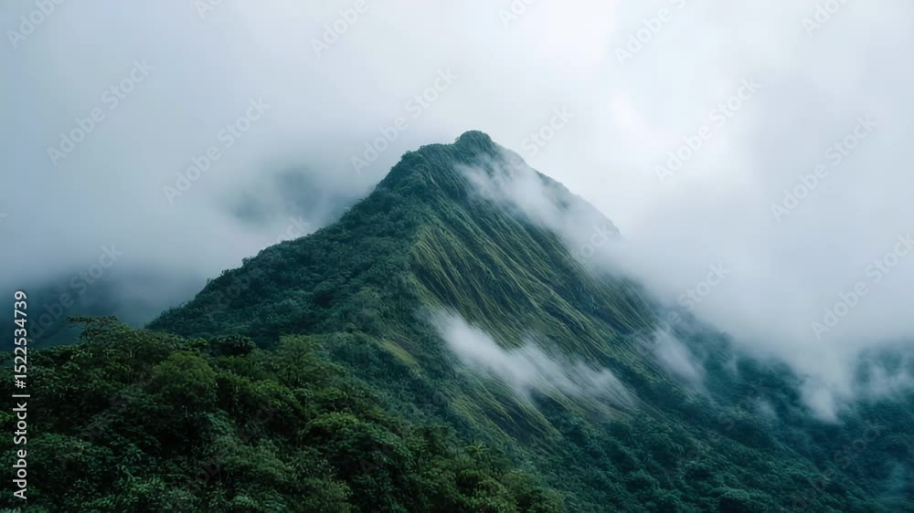 Majestic mountain peak shrouded in mist, evoking tranquility and wonder