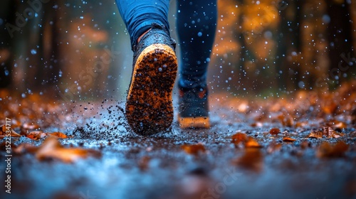Muddy trail running in autumn forest landscape focus on shoe impact  active lifestyle workout