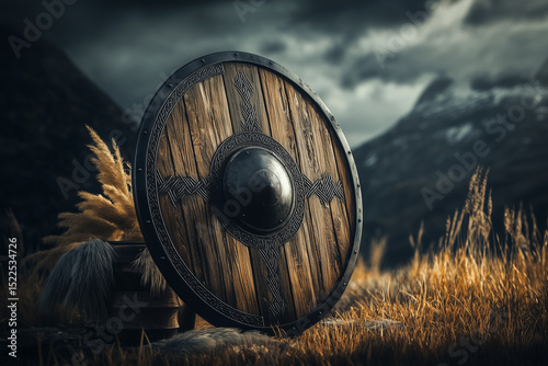 Wallpaper Mural Ancient wooden Viking shield lying on meadow with rocky cliffs background. Torontodigital.ca