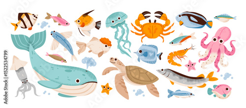 Сute marine animals. Underwater animal for kids with whale, turtle, jellyfish and squid. Sea creatures in a flat vector style, ocean wildlife, eco-friendly.