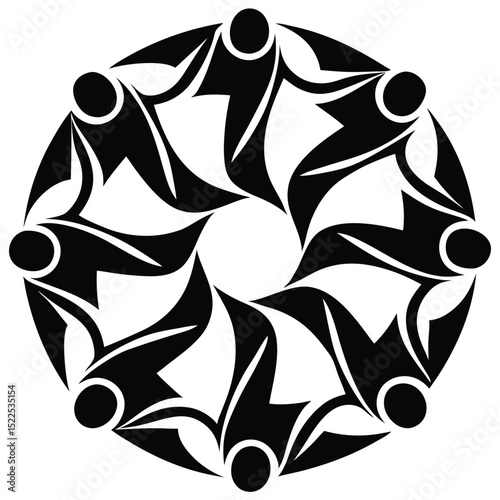 Abstract Black and White Circle Design with Eight Humanlike Figures Holding Hands