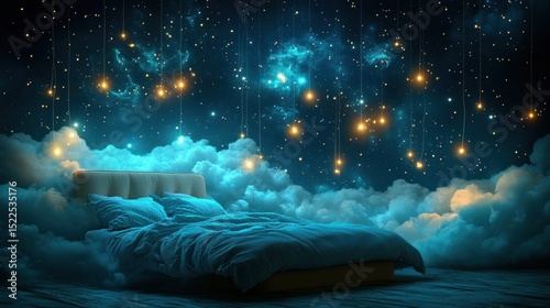 Surreal dreamlike bedroom with bed above clouds and with a beautiful night sky backdrop of stars and light pendants