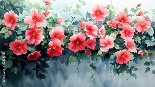 Charming Hibiscus Flower Watercolor Painting Lush Floral Arrangement Botanical Illustration Artistic Design