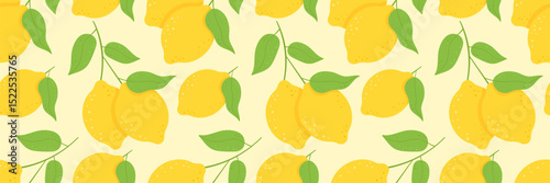 Colorful seamless lemon pattern with green leaves. Cute citrus summer design for kids apparel, packaging and wrapping paper. Vector illustration.