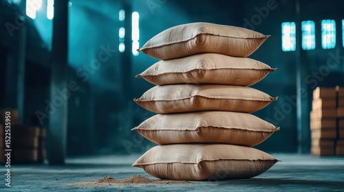 Stacked Cement Bags in a Dusty Industrial Warehouse with Natural Light Streaming Through Windows