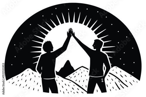 Black and White Illustration of Two Silhouetted Figures HighFiving With Sun Rays