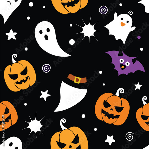 Halloween seamless pattern with pumpkins ghosts and bats