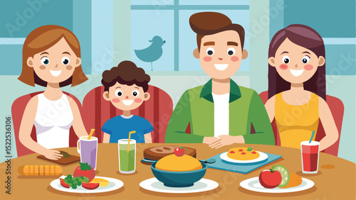 Cheerful Family of Four Enjoying a Healthy Meal Together at the Table