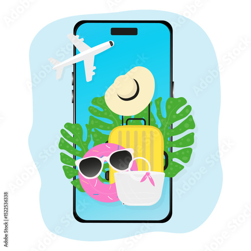 A smartphone with a blue screen displaying a summer vacation scene: suitcase, straw hat, beach bag, donut float with sunglasses, tropical leaf, and an airplane. Concept of mobile travel booking vector