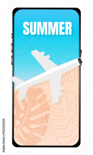 Vector illustration: smartphone with the word "SUMMER" on a blue background. A white plane comes out of the screen, symbolizing travel. In the background is a stylized sandy beach with a monstera leaf