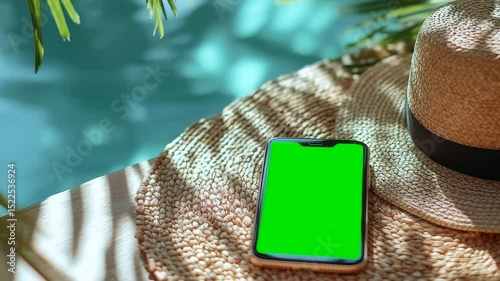 Smartphone Mock Up with Green Screen by Poolside, mock up video for a relaxed summer atmosphere.
