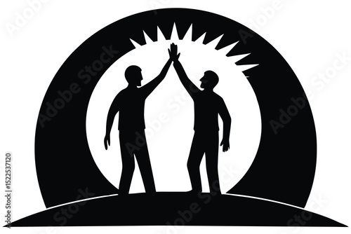 Black and White Silhouette Illustration of Two People HighFiving Under a Radiant Arch