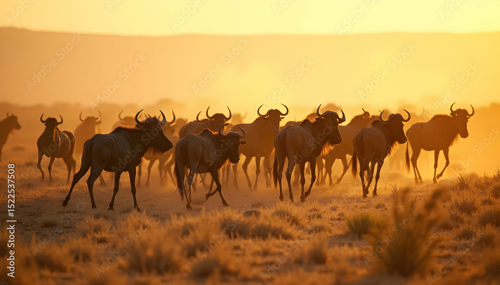 Fototapeta premium Wildebeest migration at sunrise, symbolizing african wildlife and natural environment