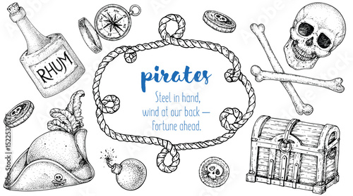 Marine frame with pirate symbols. Hand drawn vector art. Sea adventure template. Great for themed graphics and children's illustrations. Hand drawn sketches