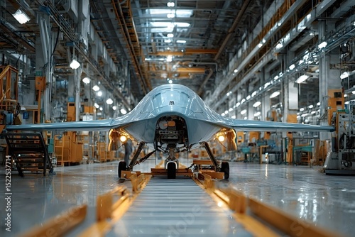 Sleek, gray military drone positioned on assembly line within spacious, brightly lit hangar, embodying advanced aviation technology and automated production processes