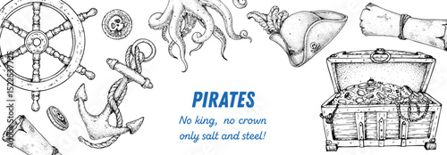 Nautical frame with pirate elements. Hand drawn vector illustration. Hand drawn sketch. Sea-inspired border design. Perfect for adventure maps, posters, and retro marine themes.