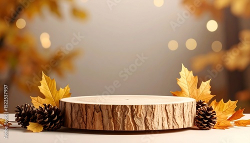 Autumnal Wooden Display Stand with Pine Cones and Maple Leaves