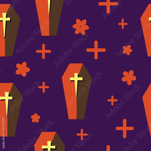 Halloween pattern with coffins crosses and flowers graphic