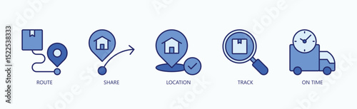 Navigate And Connect Icon Set Isolated Vector With Icon Of Route, Share, Location, Track, On Time In Blue Style