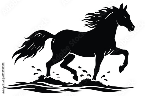 Black Silhouette of a Running Horse with Flowing Mane Splashing Through Water Illustration