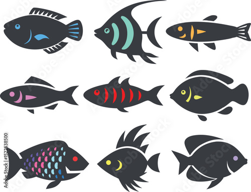 Colorful Fish Silhouettes Vector Icon Set