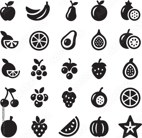 Set of Fruit Icons Black Vector Fruit Silhouettes Including Mango, Orange, Banana, and Berries
