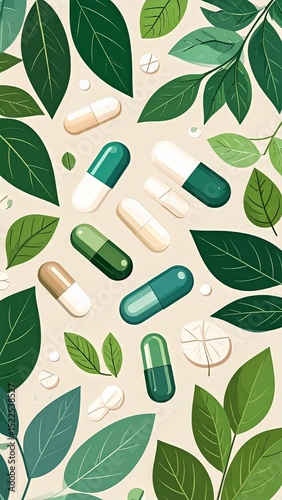 Colorful capsules surrounded by vibrant leaves on a natural background