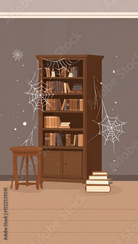 Dusty bookshelf filled with old books and cobwebs in a cozy room