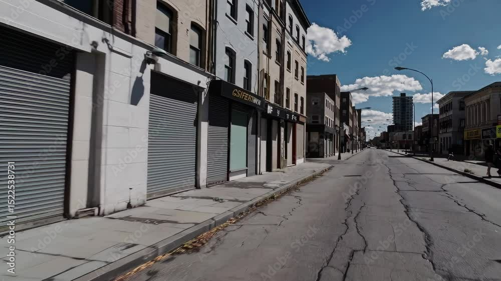 Empty urban street showing derelict buildings under a bright sky with scattered clouds Empty urban street showing derelict buildings under a bright sky with scattered clouds