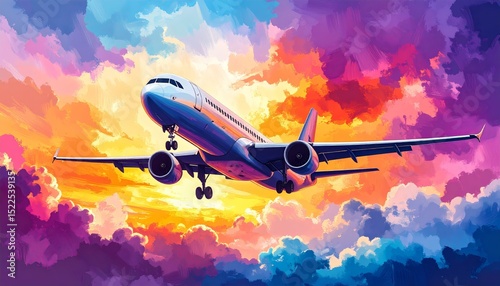 Colorful sunset backdrop highlights airplane in flight over vibrant clouds