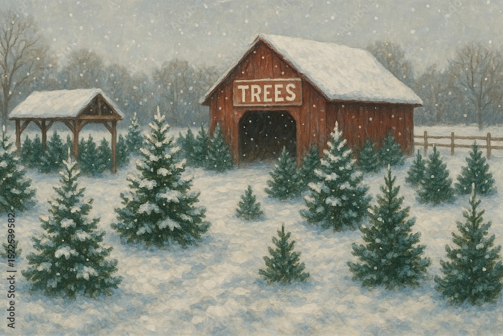 Naklejka premium Snowy christmas tree farm with rustic barn in winter wonderland scene. Preparing for Christmas