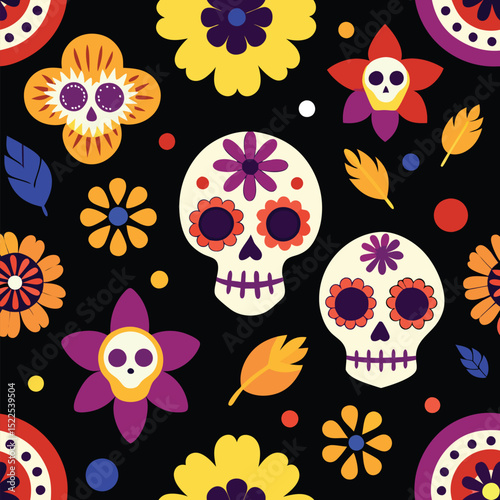 Day of the dead sugar skulls and flowers seamless pattern