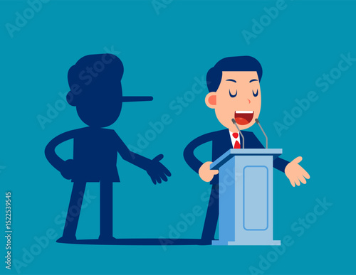Lying. Politician on a podium giving speech with his long nose shadows