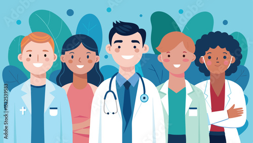 Cartoon Diverse Team of Smiling Healthcare Professionals and Green Leaves Graphic Background