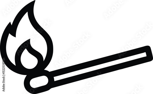 Bold Line Art of a Matchstick with a Burning Flame on White Background
