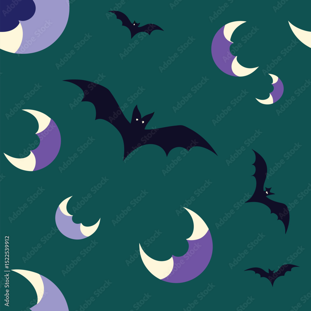 Fototapeta premium Seamless halloween pattern with bats and moons on dark green