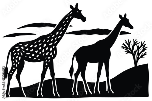 Giraffe Silhouette Illustration Two Tall African Animals in a Minimalist Design Black and White