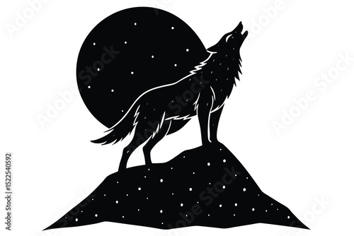 Howling Wolf Silhouette Against a Spotted Moon on Hilltop Black and White Illustration