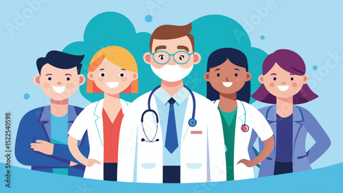 Diverse Team of Doctors and Medical Professionals in Healthcare Illustration with Blue Background