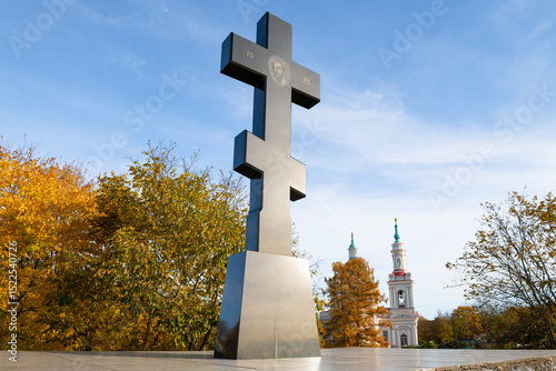 Memorial cross at the burial site of Russian soldiers killed during the siege of the Yamburg fortress, Kingisepp