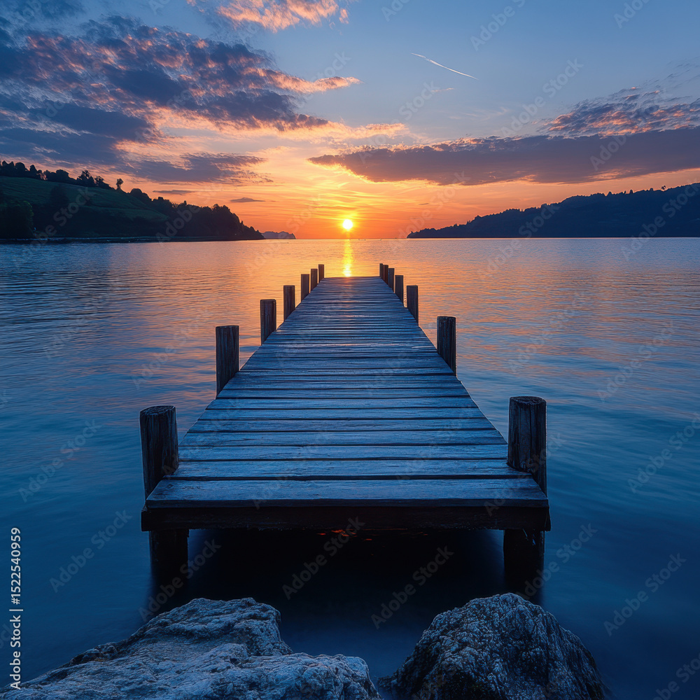 Obraz premium Sunset silhouette at lake dock.