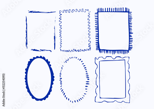 Hand-drawn ink vintage frames in a marine, coastal style. Curvy, trendy borders. Cute sketch isolated. Doodle decoration.