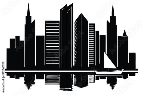 Monochrome Cityscape Silhouette with Sailboat and Reflection Illustration